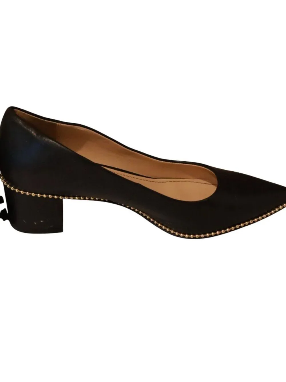 Coach Black Leather Gold Bead Trim Pointed Toe Flats Pumps Dress Shoes